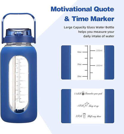 SIEROZUR 64oz Glass Water Bottle with Straw and Handle Lid Half Gallon Motivational Glass Bottle with Silicone Sleeve and Time Marker Large Reusable Sports Water Jug for Gym Home Workout