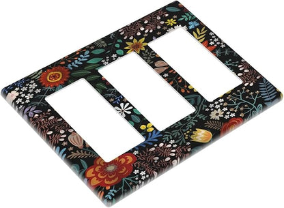 Vintage Colorful Flower Boho Floral Rustic Dark Leaves 3 Gang Rocker Light Switch Covers Triple Outlet Wall Plate Decorative Switchplate Cover Faceplate GFCI for Farmhouse Country Bedroom Kitchen