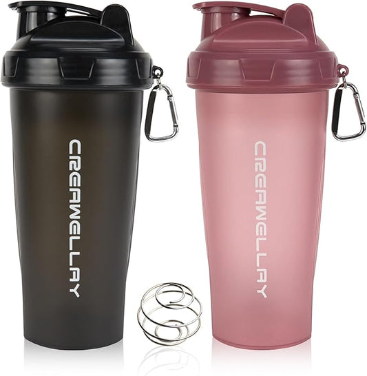 2 Pack Protein Shaker Bottle, 24 oz Protein Shaker Cup with Wire Shaker Ball for Pre Workout, Shake Bottle with Carrying Handle, BPA-Free & Dishwasher Safe (Black, Pink)