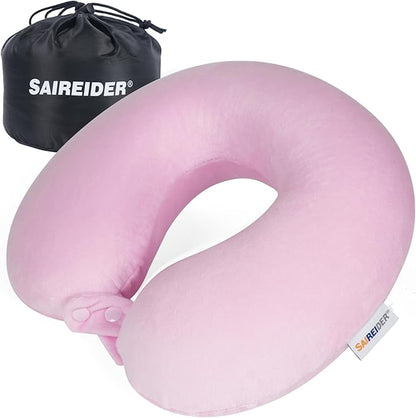 SAIREIDER Travel Neck Pillow 100% Pure Memory Foam Airplane Pillow for Head Support,Soft Adjustable Pillow for Plane, Car & Home Recliner with Storage Bag (Pink)