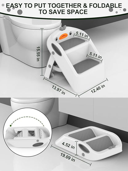 Toddler Step Stool for Kids Bathroom Sink Grey & White | Foldable 2 Step Stool for Kids 1-4 Years Old | Dual Height 11" Child Kitchen Helper with Handles - Easy to Move, Slip-Resistant