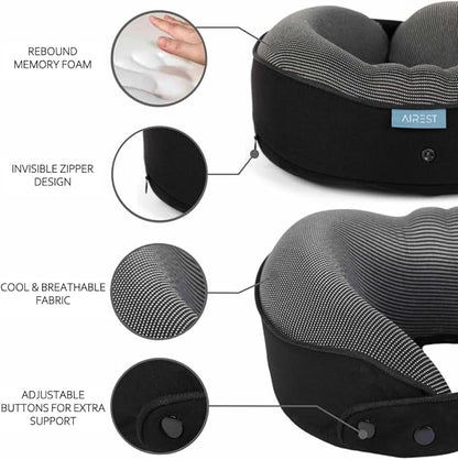 Travel Pillow with Case, Pure Memory Foam Neck Pillow, Small and Compact, Travel Accessories, Neck Pillow for Airplane, Car, Office and Home, Machine Washable, Comfortable & Supportive, Black