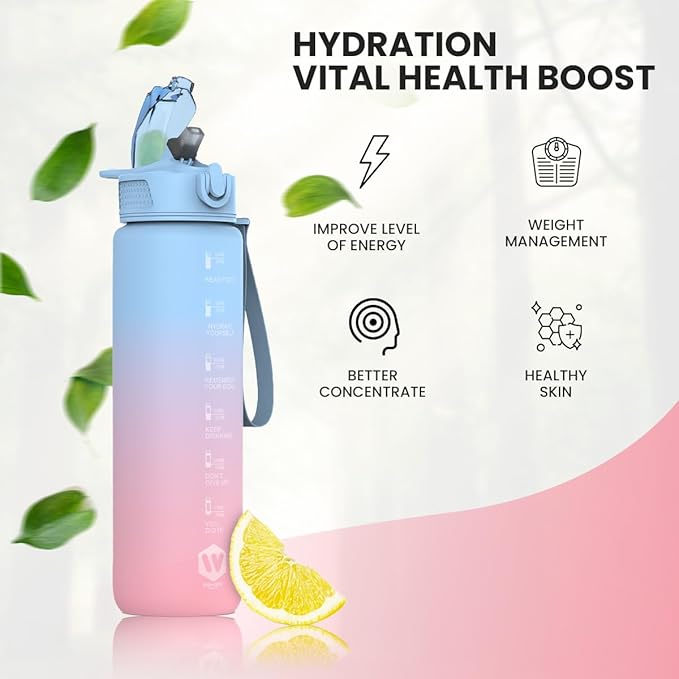 1L Water Bottle with Straw - Leak-Proof & BPA Free Reusable Sports Bottle - Motivational Time Markings for Hydration Durable Drink Bottle for Gym, Sports, Outdoor (Blue and Pink)