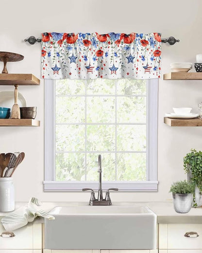 Vandarllin Summer 4th of July Kitchen Curtains Valances for Windows Patriotic Poppy Flowers Stars Rod Pocket Window Treatment for Kitchen/Living Room/Bedroom/Bathroom, 60" X 18", Blue Red