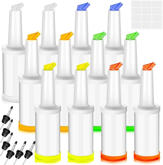 12 Pcs Juice Pour Bottles and 40 Pcs Pourers, Liquor and Juice Pouring Bottles and Containers Bar Supplies Plastic Juice Pour Bottles Stainless Steel Liquor Bottles Pourers for Home Kitchen Party Bar