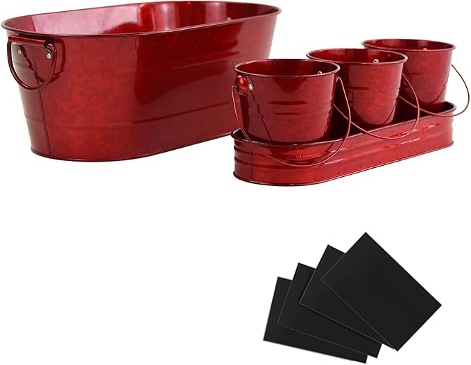 Oval Ice Bucket with 3 Serve Buckets Set - Condiments, Nuts, Ice Cream, Snacks, Candy Serving Bowls, Galvanized Metal Drink Cooler Beverage Tub, Chill Wine & Beer, 2.4 for Home Parties Gallons, Red