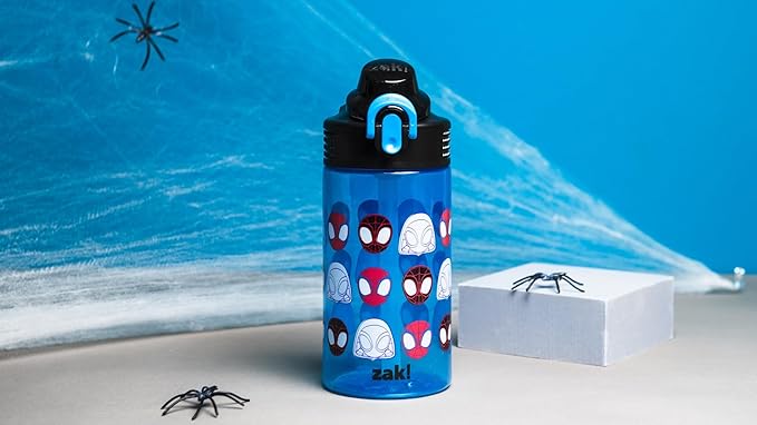 Zak Designs Sage Marvel Spider-Man Water Bottle For School or Travel, 16oz Durable Plastic Water Bottle With Straw, Handle, and Leak-Proof, Pop-Up Spout Cover (Spidey and His Amazing Friends)