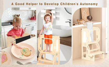 Toddler Tower, Toddler Stool for Kitchen, Learning Wooden Towers with Chalkboard and Backrest, 4 in 1 Montessori Kitchen Standing Tower, Foldable Toddler Step Stool Table with Safety Rail