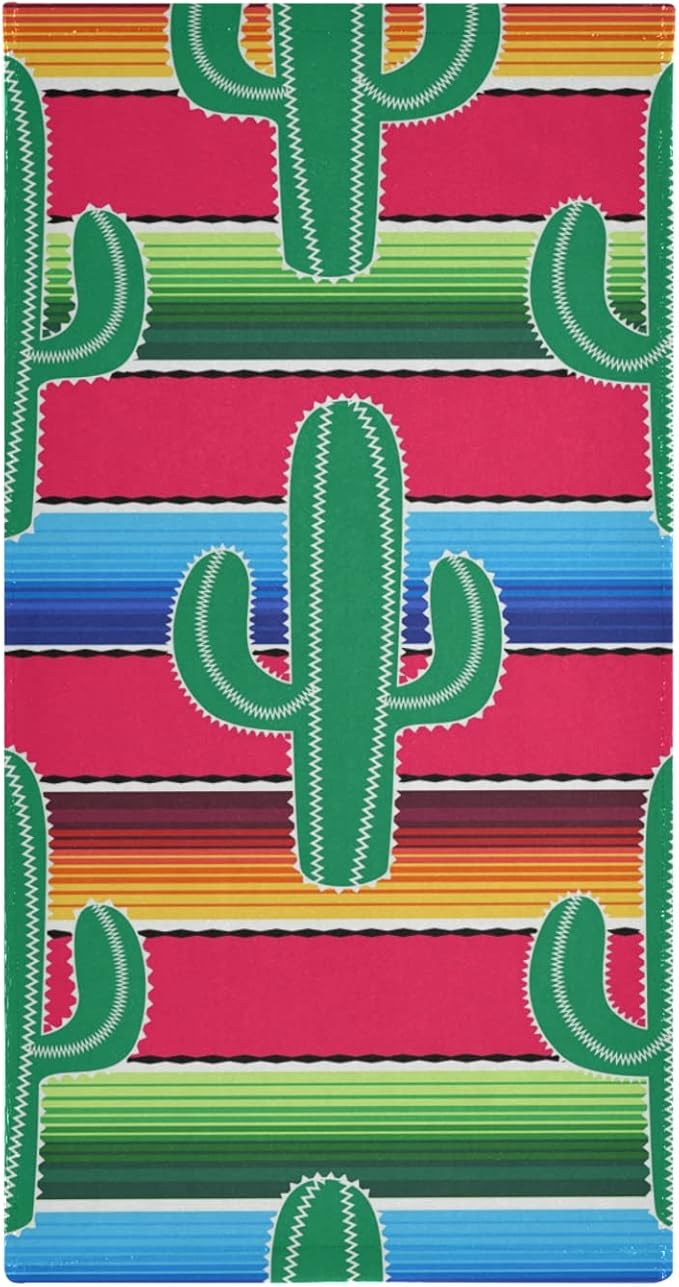 Towel Sets 2 Pack, Green Cacti on Colorful Stripes Bath Hand Towels Soft Absorbent Quick Dry for Bathroom Beach Kitchen Gym Travel