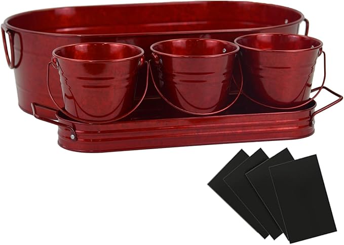 Oval Ice Bucket with 3 Serve Buckets Set - Condiments, Nuts, Ice Cream, Snacks, Candy Serving Bowls, Metal Drink Cooler Beverage Tub, Chill Wine & Beer, 4 Gallons for Home Parties, Red/Wire handle