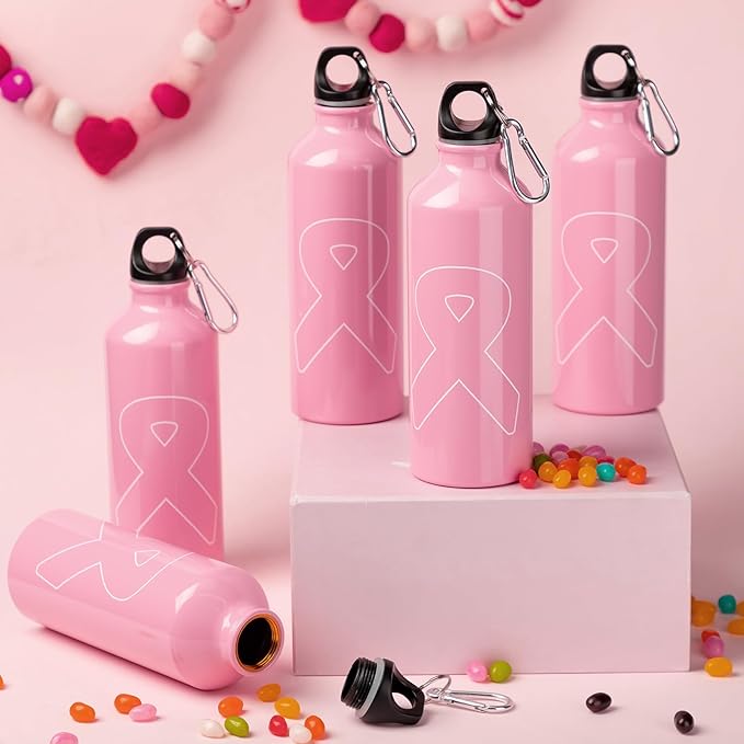 12 Pieces Breast Cancer Awareness Gifts Aluminum Water Bottles Pink Ribbon Breast Cancer Gift for Women Leak Proof Lightweight Portable Bottles for Marathon Running(17 oz, Classic Style)