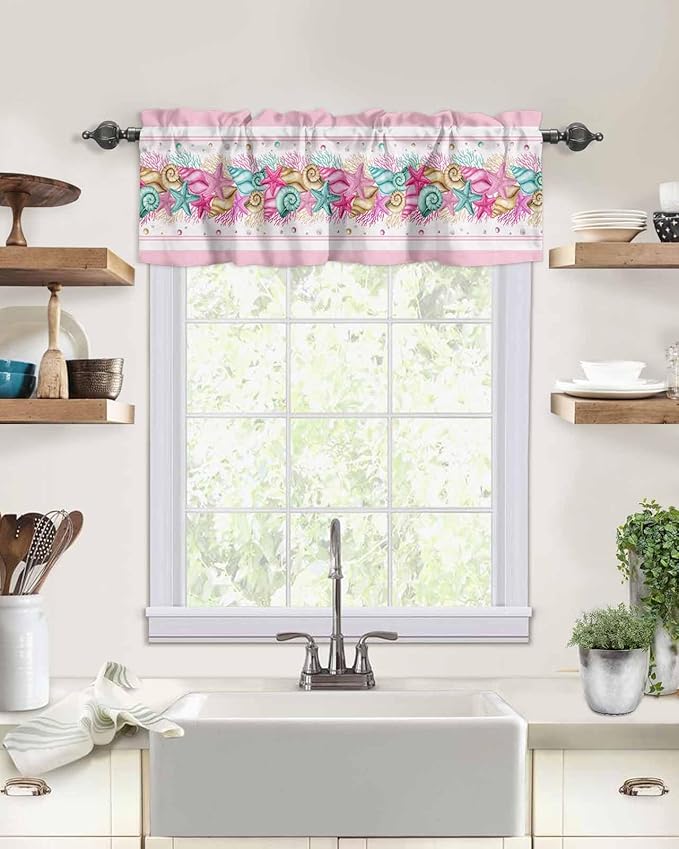 Vandarllin Coastal Beach Kitchen Curtains Valances for Windows Nautical Ocean Seashell Coral Starfish Rod Pocket Window Treatment for Kitchen/Living Room/Bedroom/Bathroom, 42" X 12", Pink Aqua Summer