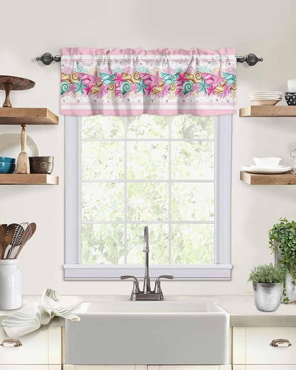 Vandarllin Coastal Beach Kitchen Curtains Valances for Windows Nautical Ocean Seashell Coral Starfish Rod Pocket Window Treatment for Kitchen/Living Room/Bedroom/Bathroom, 60" X 18", Pink Aqua Summer