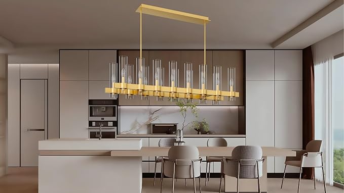 54 Inch Gold Linear Chandelier Kitchen Island Pendant Lighting with 16-Lights Glass Shade, Brushed Brass Modern Farmhouse High Ceilings Over Table Dining Room Light Fixtures