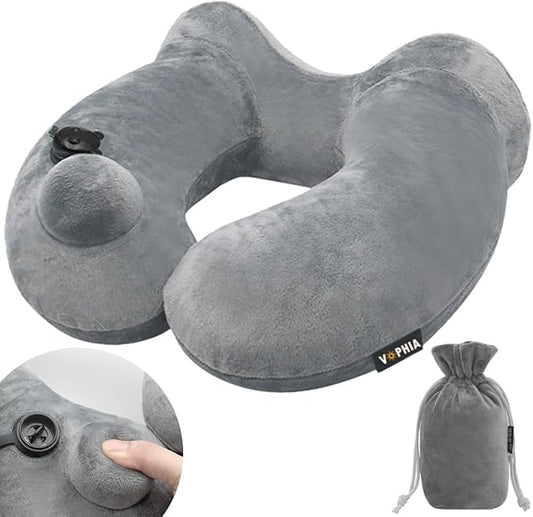 1 Pack Self-Inflatable Neck Travel Pillow with Compact Bag and Washable Cover for Sleeping Airplane Soft Velvet Pillow for Long Flight Neck Cushion for Head Support Car Home Office (Grey 1pack)