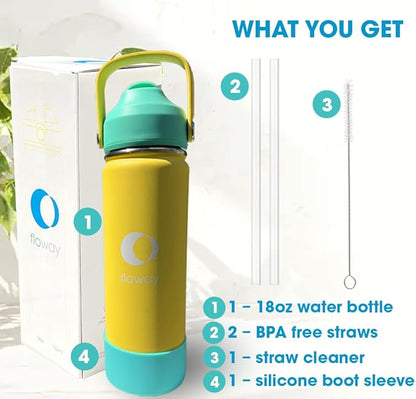 18oz Stainless Steel Vacuum Insulated Water Bottle with Straw Lid and Cleaning Brush, BPA Free, Leakproof, Temp Control, for Hot and Cold Drinks (Vibrant Lemon, 18oz)