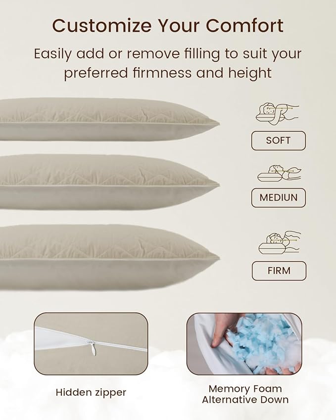 ZonLi Body Pillows for Adults, Quilted Long Pillow for Bed, Body Pillow with Removable Cotton Cover and Adjustable Memory Foam Filling, Full Firm Body Pillow for Side Sleeper, 20"x54" (Beige)