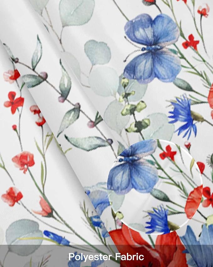 Vandarllin Summer 4th of July Kitchen Curtains Valances for Windows Patriotic Poppy Flowers Eucalyptus Rod Pocket Window Treatment for Kitchen/Living Room/Bedroom/Bathroom, 42" X 12", Blue Red