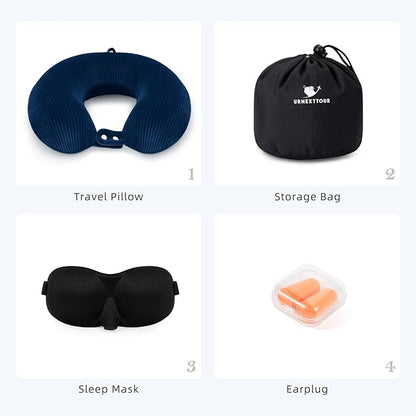 Travel Pillow, Neck Pillow Airplane Memory Foam with Sleep Mask Earplugs, Soft & Support Fleece Airplane Pillow for Travelling Plane Car Train Home Use, Navy