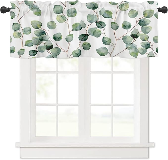 Watercolor Eucalyptus Vine leaves Valance Curtains for Windows-Summer Green White Rod Pocket Window Topper Treatments Simi Sheer Short Curtains for Kitchen Bedroom Living Room,54" X 18" -1 Panel,