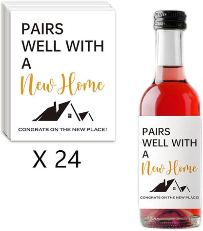 24Pcs Housewarming New Home Mini Wine Labels, Housewarming Gifts New Home, Housewarming Mini Wine Bottle Stickers New Place Gift Realtor Gift for Her Him, Pairs Well with A New Home