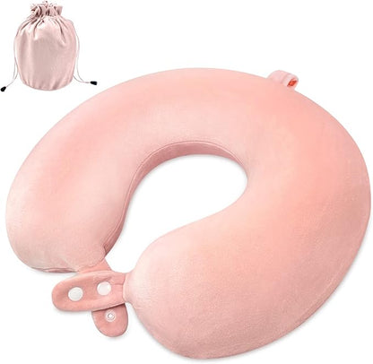 Travel Neck Pillow Airplane, Soft Memory Foam Support Head Neck Chin, with Removale Cover and Adjustable Snap Button, Comfortable Sleeping in Plane Car Train Traveling Office Home, Pink