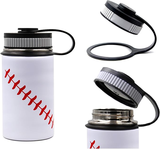 12 oz Baseball Water Bottle, Wide Mouth Sports Flask Metal Travel Tumbler with 2 Lids 18/8 Stainless Steel Double Wall Vacuum Insulated (12oz, White baseball)