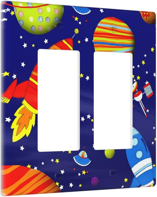 Space Astronaut Double Rocker Light Switch Wall Plate Cover Decorative 2-Gang for Outlet Boys Kids Room Bathroom Bedroom Home Kitchen Two Decora Receptacle Polycarbonate Power Gear 4.5" x 4.6"