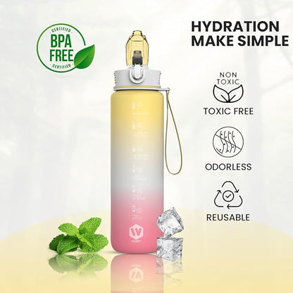 1L Water Bottle with Straw - Leak-Proof & BPA Free Reusable Sports Bottle - Motivational Time Markings for Hydration Durable Drink Bottle for Gym, Sports, Outdoor (Yellow White and Pink)