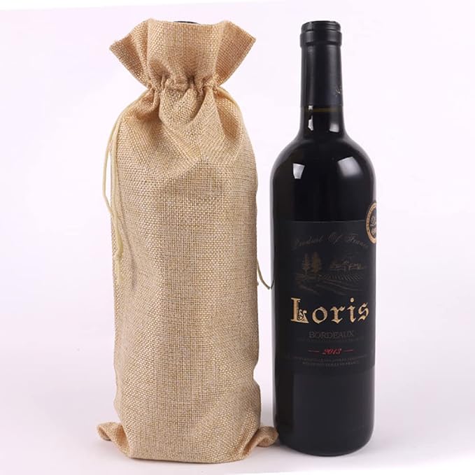 10 Pcs Burlap Wine Bags Wine Bottle Gift Pouches Single Wine Carrying Bag with Drawstring Wine Bottle Covers Pouches for Christmas