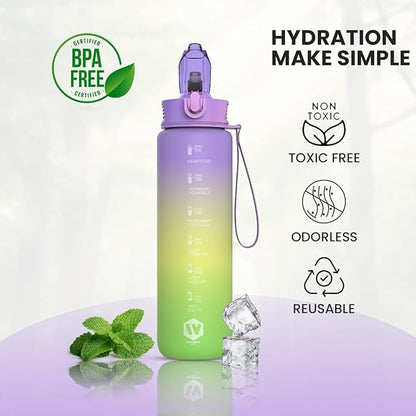 1L Water Bottle with Straw - Leak-Proof & BPA Free Reusable Sports Bottle - Motivational Time Markings for Hydration Durable Drink Bottle for Gym, Sports, Outdoor (Purple yellow and Green)