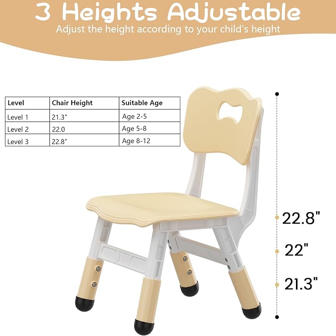 Adjustable Kids Chair (2pcs), 3 Level Height Adjustable Toddler Chair, Plastic Indoor Outdoor Child Chair for Children Age 2-8 Family School Home Daycare Use, Beige