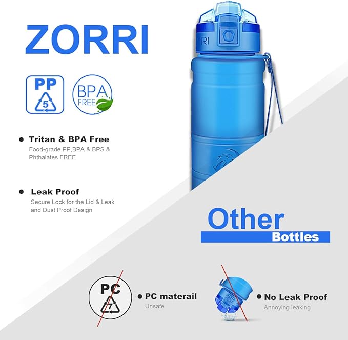 ZORRI 14/17/ 24/32 OZ Water Bottles, BPA Free Tritan Lightweight Leak Proof Sport Bottle with Brush, Lock Feature, Track Marker, and Flip Lid for Kids School, Fitness, Office, Sports & Outdoors