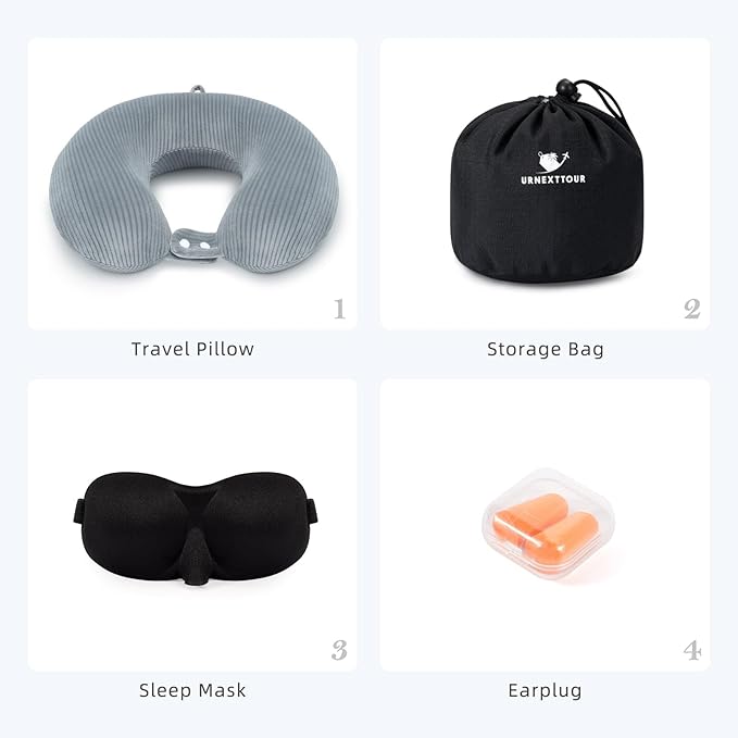 Travel Pillow, Neck Pillow Airplane Memory Foam with Sleep Mask Earplugs, Soft & Support Fleece Airplane Pillow for Travelling Plane Car Train Home Use, Grey