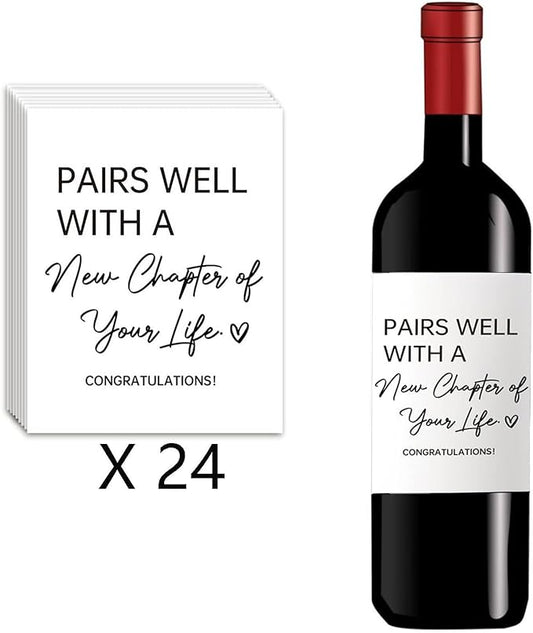 24Pcs Pairs Well with New Chapter of Your Life Wine Labels, New Job New House Home New Beginnings Wine Bottle Stickers Gifts for Women, Engagement Retirement Divorce Gifts Wine Bottle Labels