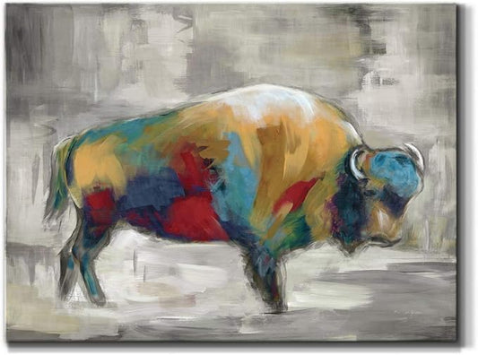 Renditions Gallery Canvas Animal Wall Art Home Paintings & Prints Colorful Bison Brushstroke Abstract Black & White Modern Artwork Decorations for Bedroom Office Kitchen - 12"x18" LT33