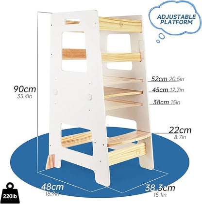 WOOD CITY Kitchen Step Stool - Safe Montessori Standing Tower for Kids with Safety Rail, Height Adjustable Toddler Ideal Helper for Learning New Skills, Anti-Slip Protection for Bathroom - White