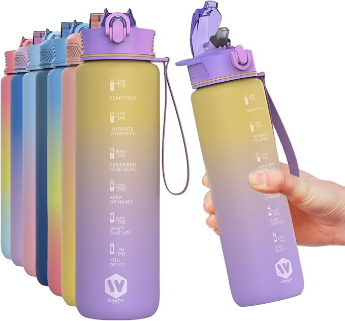 1L Water Bottle with Straw - Leak-Proof & BPA Free Reusable Sports Bottle - Motivational Time Markings for Hydration Durable Drink Bottle for Gym, Sports, Outdoor (Yellow and Purple)