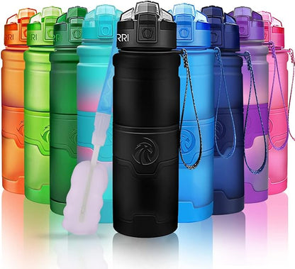 ZORRI 14/17/ 24/32 OZ Water Bottles, BPA Free Tritan Lightweight Leak Proof Sport Bottle with Brush, Lock Feature, Track Marker, and Flip Lid for Kids School, Fitness, Office, Sports & Outdoors