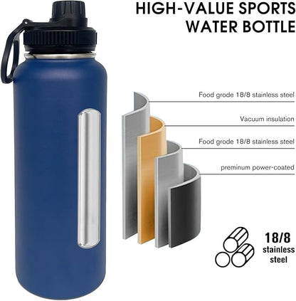 1pack 40 oz Insulated Water Bottle With Straw, Stainless Steel Sports Water Cup Flask with 2 Lids, Wide Mouth Travel Thermal Mug,Navy