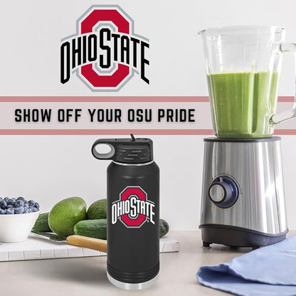 Ohio State University 32oz Stainless Steel Double Walled Black Beverage Bottle with Flip Straw Spout - College Gear for Playoff Season – For Office, Home or Auto – Show your Buckeye Pride