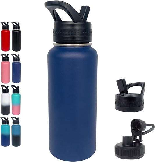 1pack 32 oz Insulated Water Bottle With Straw, Stainless Steel Sports Water Cup Flask with 2 Lids, Wide Mouth Travel Thermal Mug,Navy