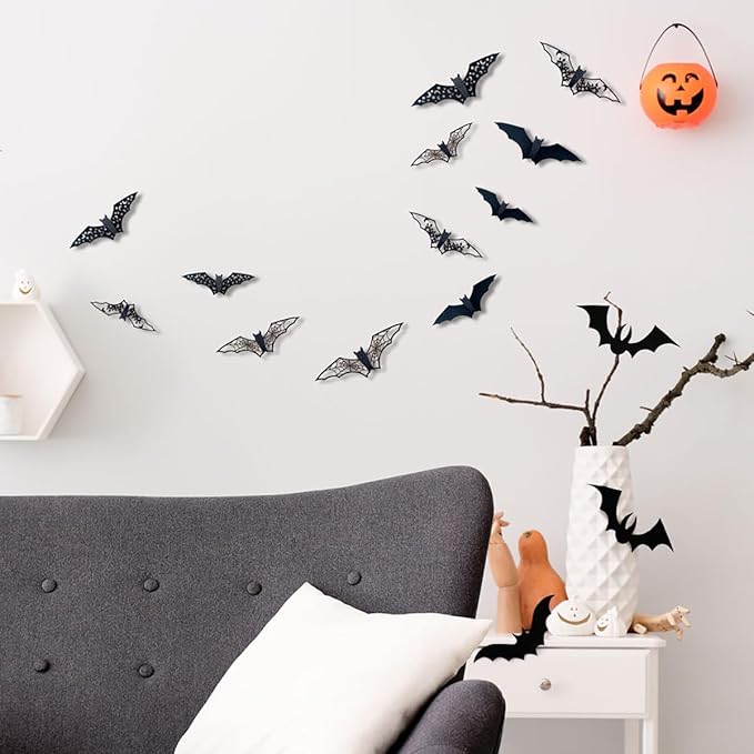 24Pcs Halloween Decorations Large Hollow Bats Wall Decor 3D Halloween Wall Decals PVC Scary Bat Stickers for Kitchen Bedroom Fireplace Bathroom Home Indoor Outdoor Halloween Party Decorations