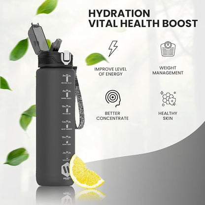 1L Water Bottle with Straw - Leak-Proof & BPA Free Reusable Sports Bottle - Motivational Time Markings for Hydration Durable Drink Bottle for Gym, Sports, Outdoor (Black)