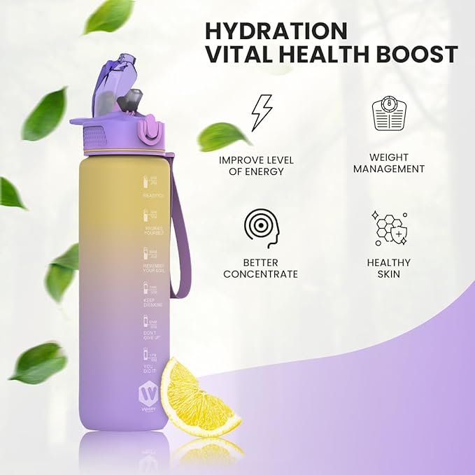 1L Water Bottle with Straw - Leak-Proof & BPA Free Reusable Sports Bottle - Motivational Time Markings for Hydration Durable Drink Bottle for Gym, Sports, Outdoor (Yellow and Purple)