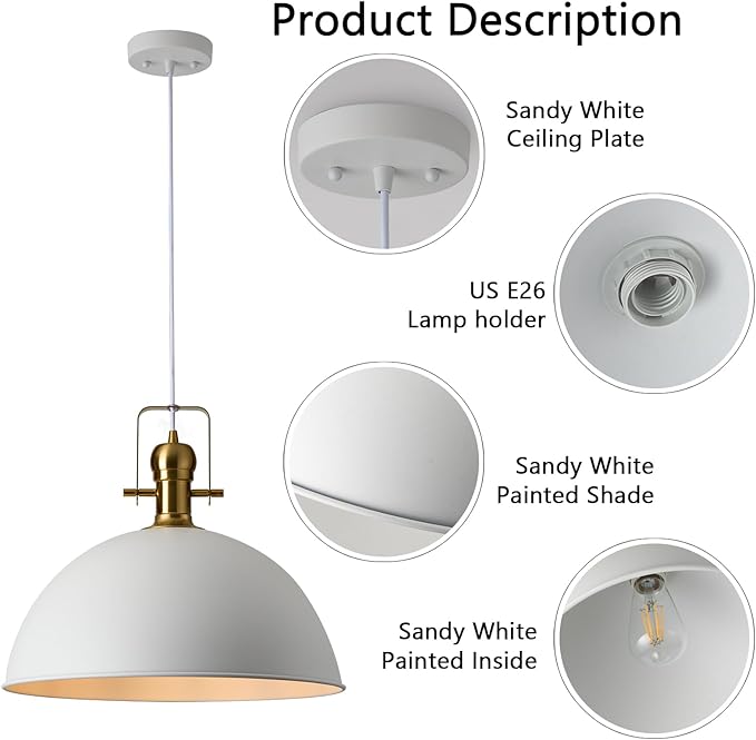 18 Inch White Farmhouse Pendant Lights Large Pendant Lights for Kitchen Island Industrial Adjustable Height Vintage Big Dome Hanging Light Fixtures for Barn, Dining Room