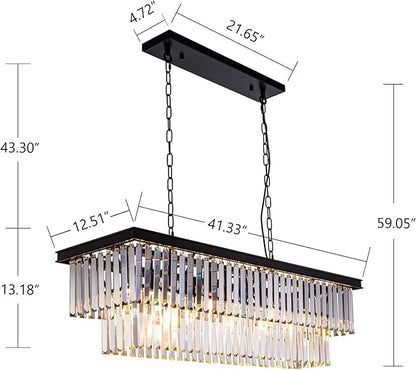 Wellmet Black Crystal Chandelier 40 inch for Dining Room, 11-Light Modern Linear Chandelier Ceiling Hanging, Farmhouse Chandeliers Light Fixture for Living Room, Dining Table, Bedroom, Kitchen Island