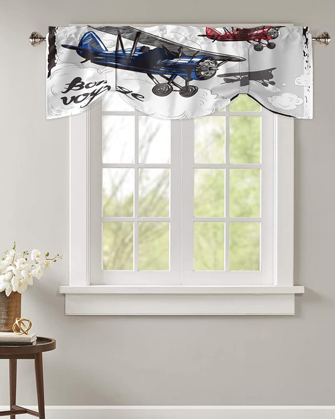 Tie Up Valance for Kitchen Living Room Farmhouse - Biplane Bon Voyage Rod Pocket Adjustable Tie-up Shade Valance for Small Window, Window Valance Balloon Drape for Bathroom 42x12 inches