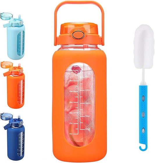 SIEROZUR 64oz Glass Water Bottle with Straw and Handle Lid Half Gallon Motivational Glass Bottle with Silicone Sleeve and Time Marker Large Reusable Sports Water Jug for Gym Home Workout