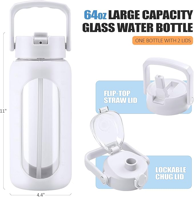 BLUEGO 64oz Glass Water Bottles with 2 Lids Flip Lid and Spout Lid Half Gallon Water Bottle with Straw 2L Large Water Bottle with Time and Capacity Markers for Gym Home Office Leak-proof, White